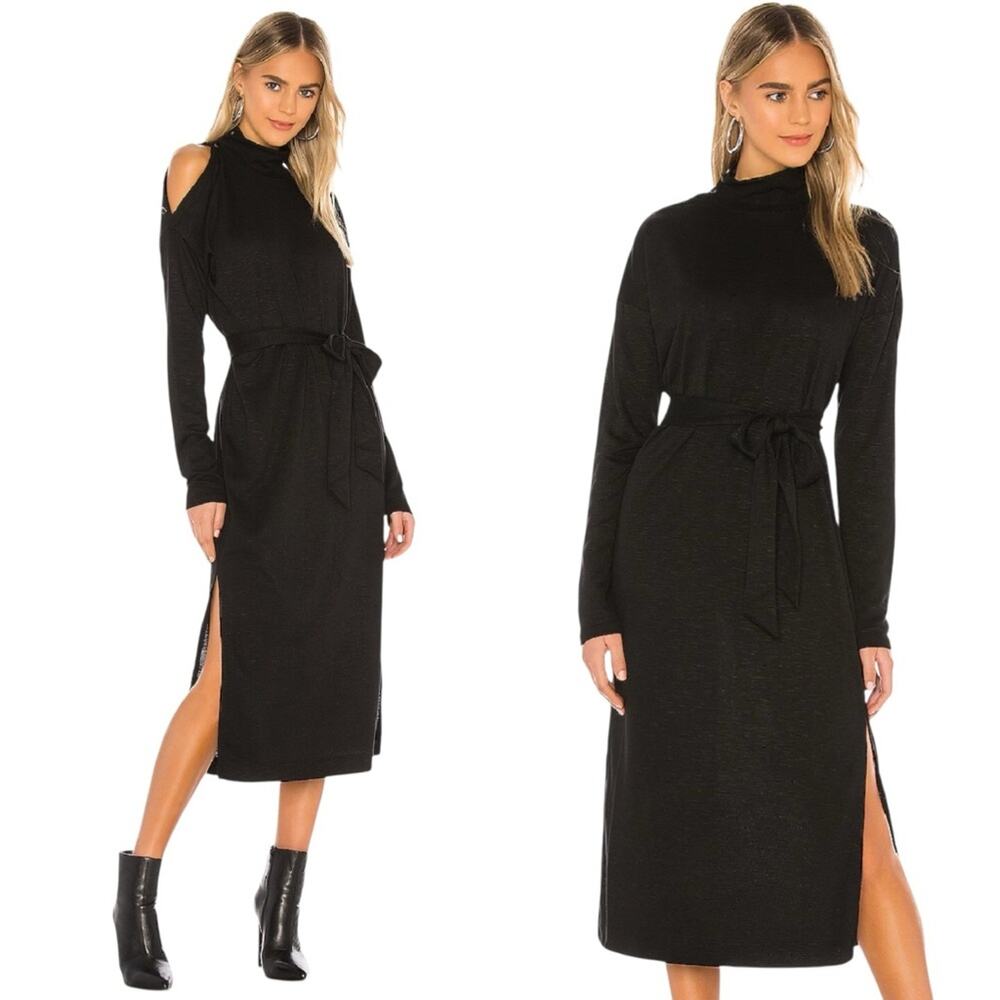 Paige Paxton Black Cutout Knit Midi Dress Tie Waist Belted Side Slit Size XS